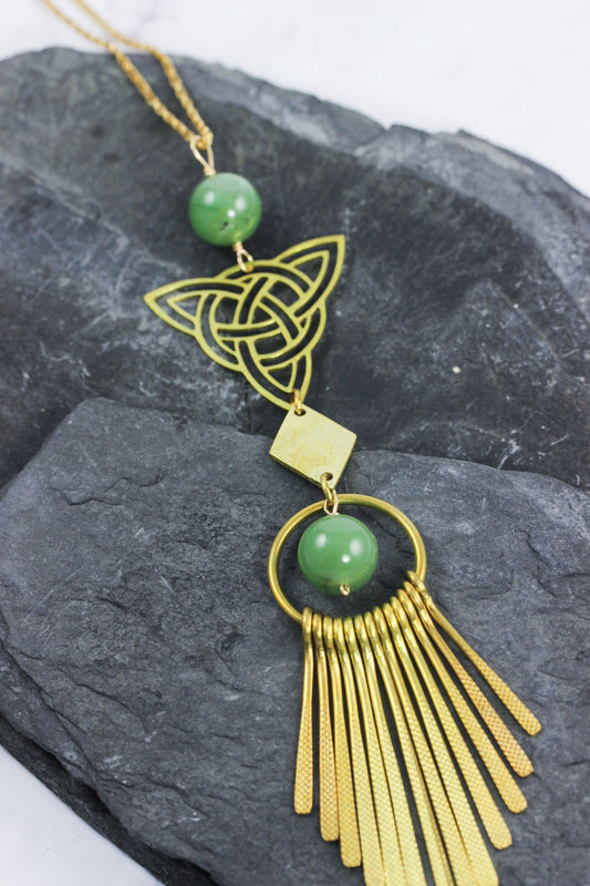 Trinity Jade Tassel Brass Necklace