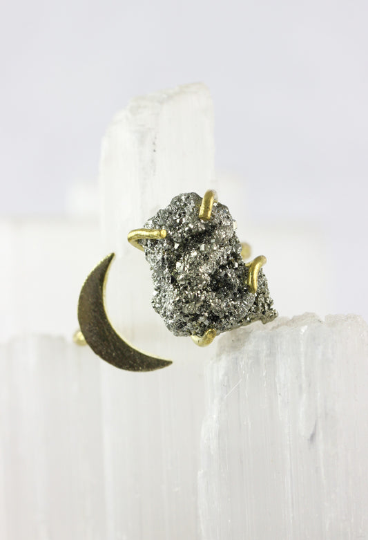 Pyrite Druzy Moon Ring