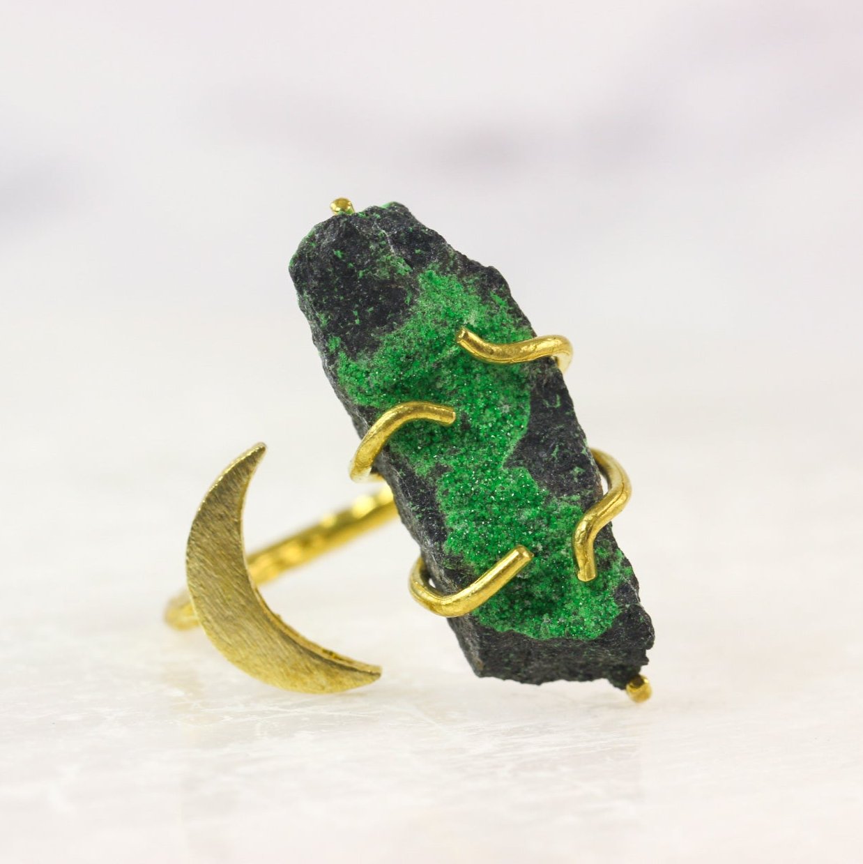 Uvarovite Crystal Moon Ring