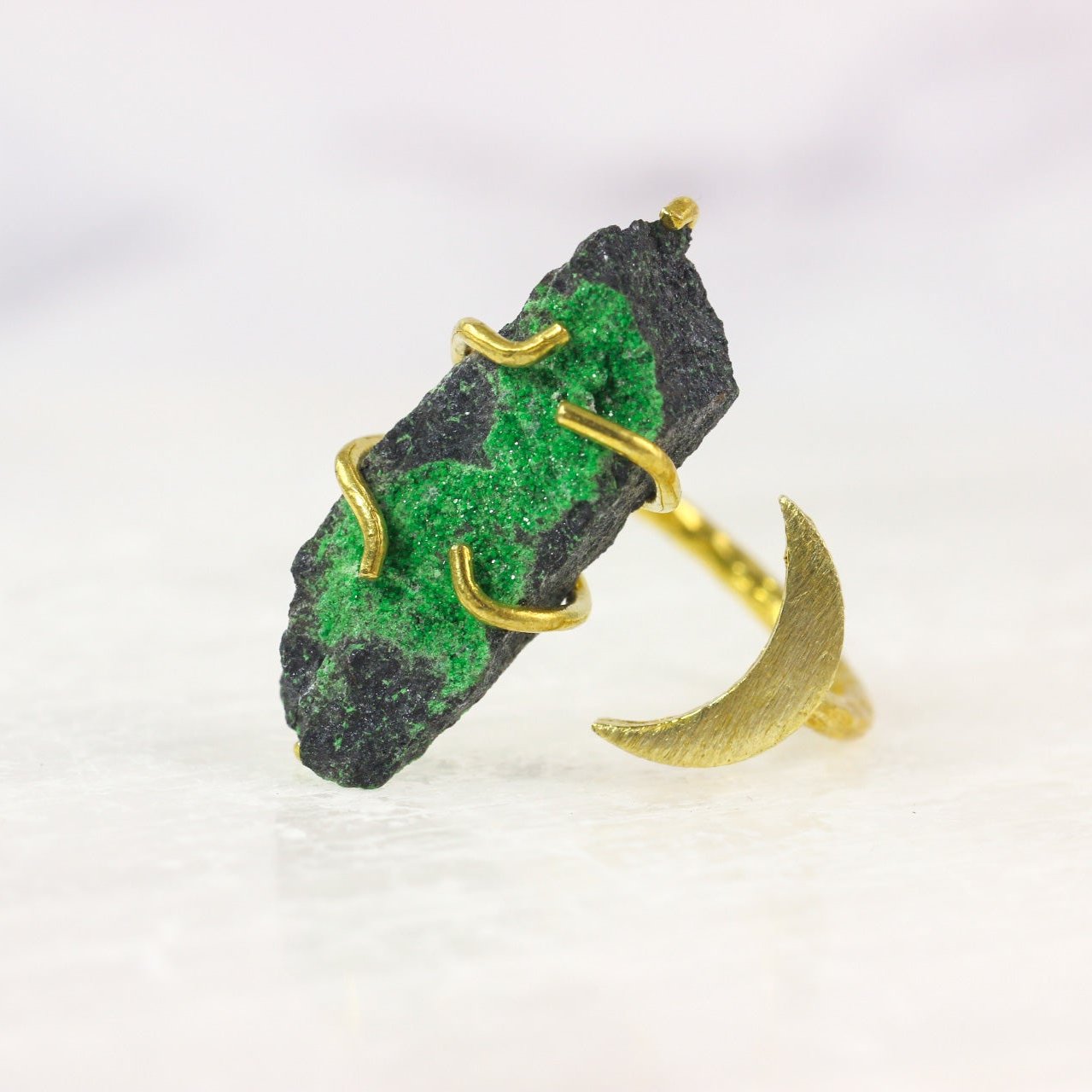 Uvarovite Crystal Moon Ring