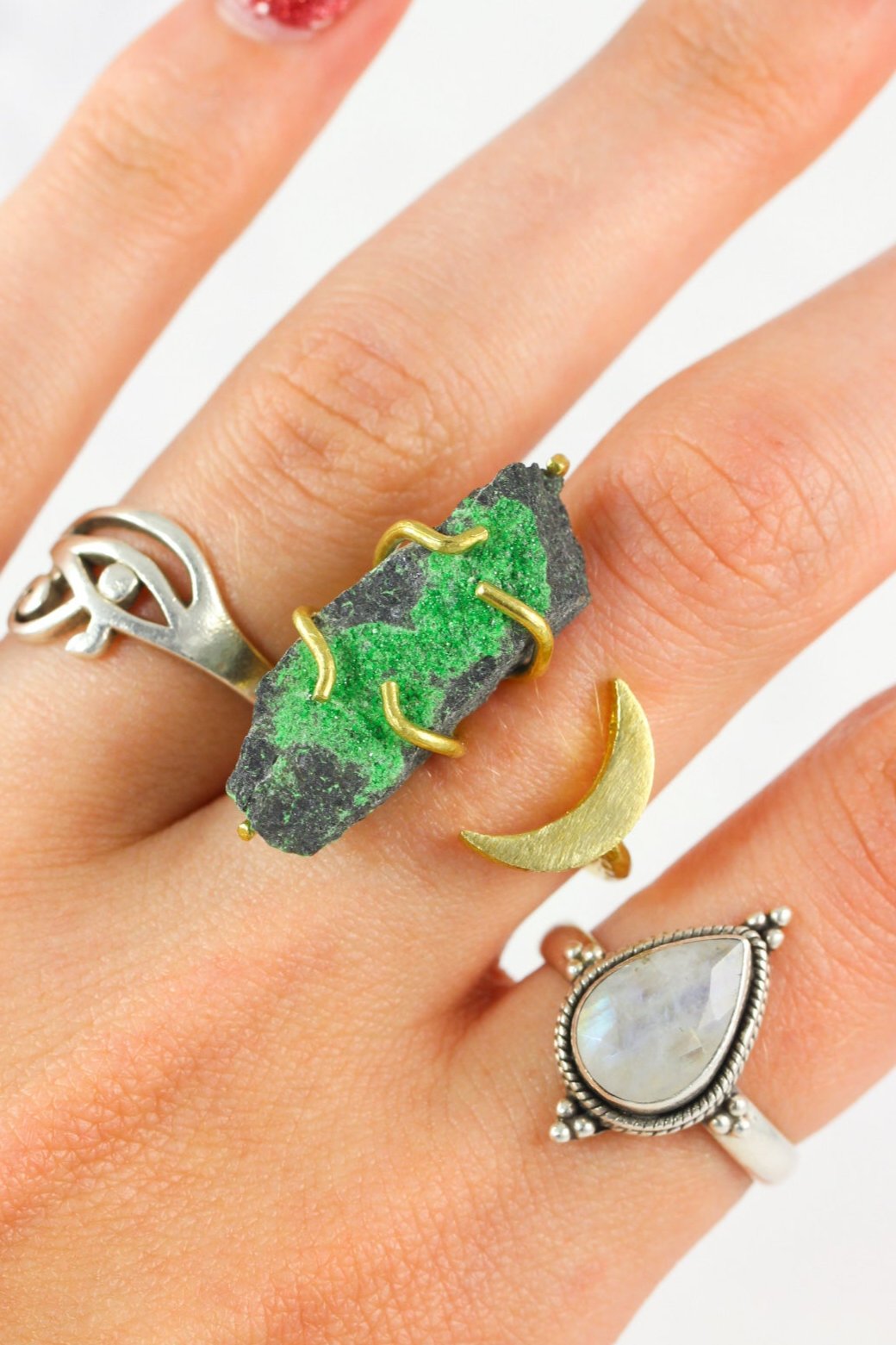 Uvarovite Crystal Moon Ring