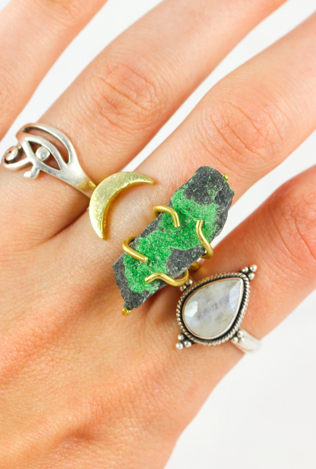 Uvarovite Crystal Moon Ring