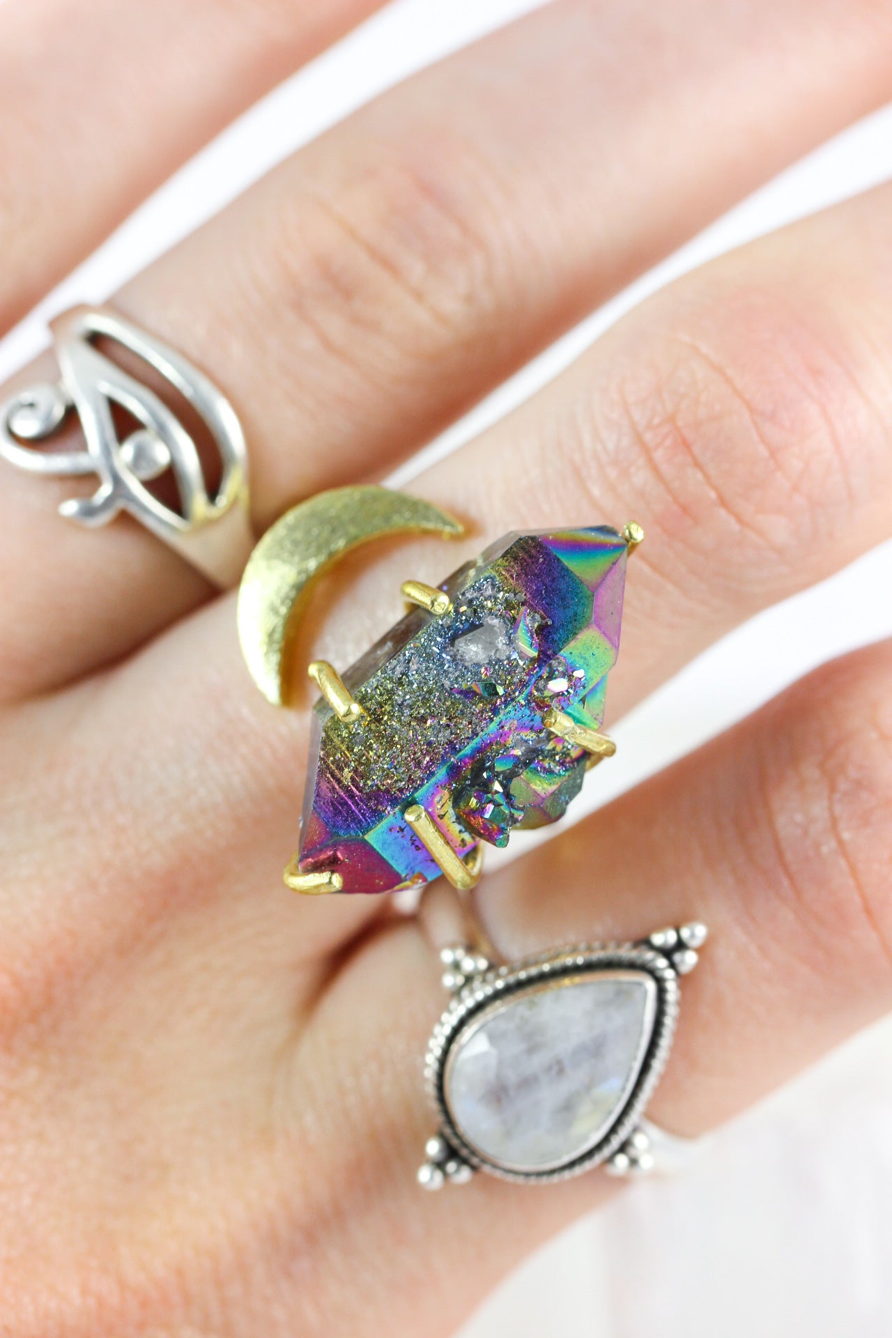 Titanium Quartz Crystal Moon Ring