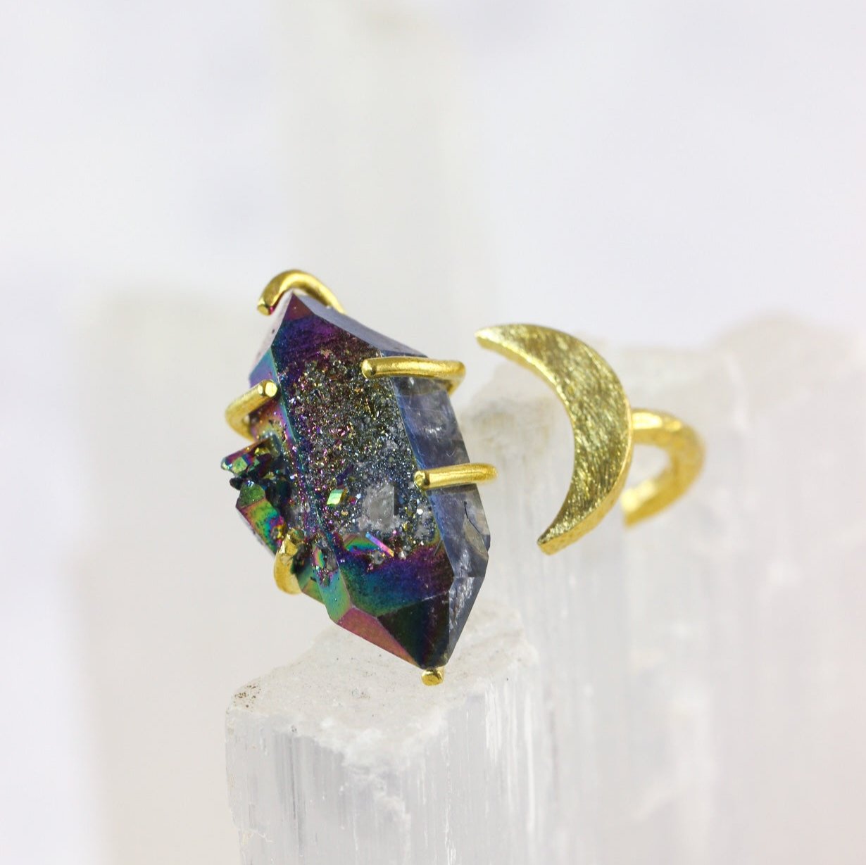 Titanium Quartz Crystal Moon Ring