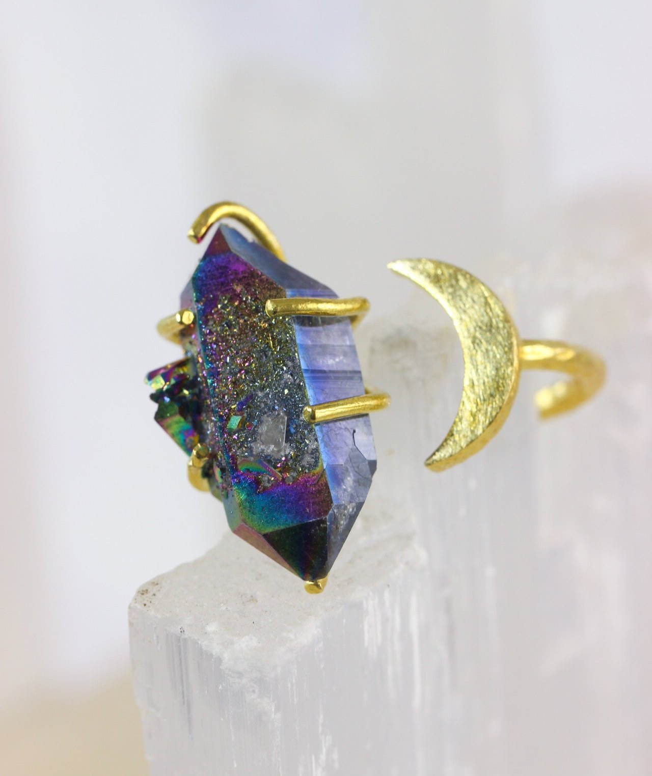 Titanium Quartz Crystal Moon Ring