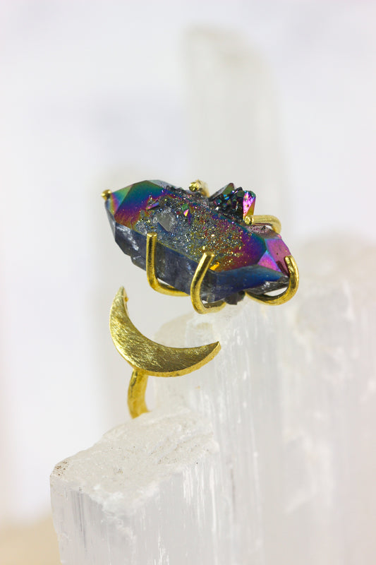 Titanium Quartz Crystal Moon Ring