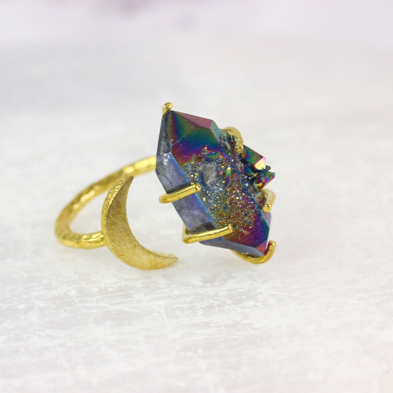 Titanium Quartz Crystal Moon Ring