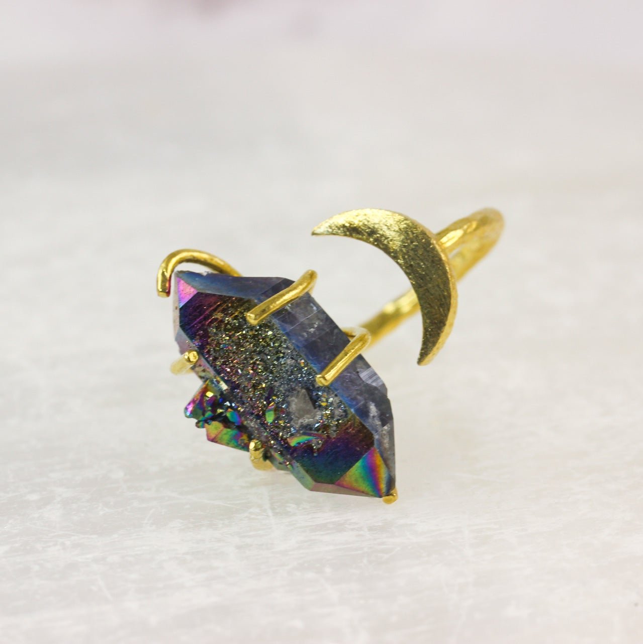 Titanium Quartz Crystal Moon Ring