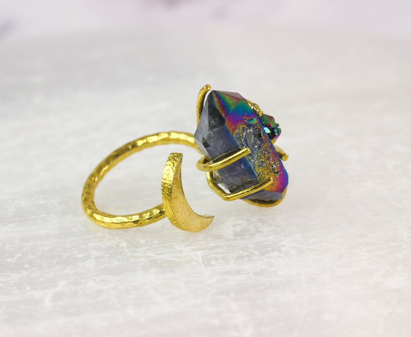 Titanium Quartz Crystal Moon Ring