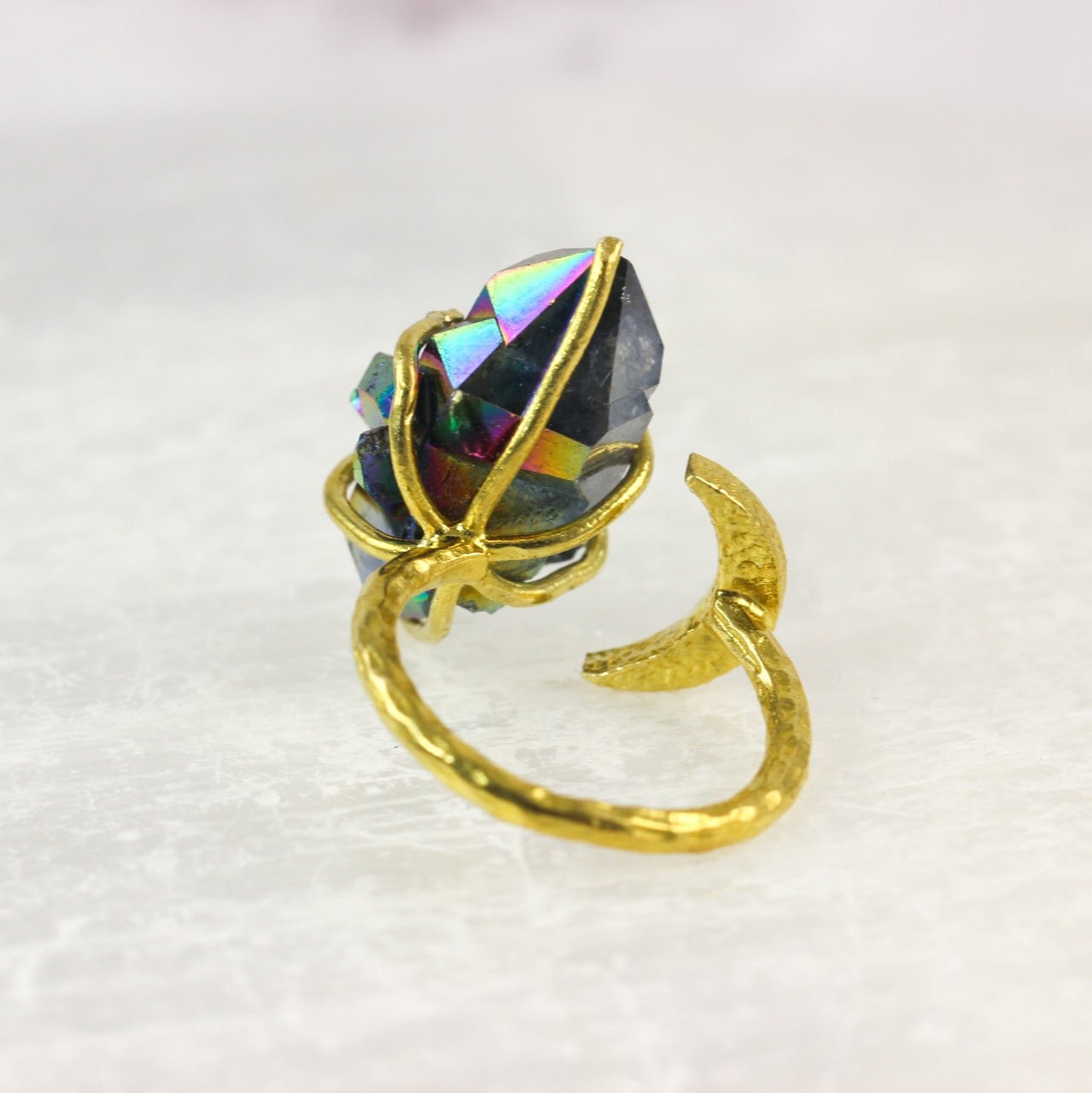 Titanium Quartz Crystal Moon Ring