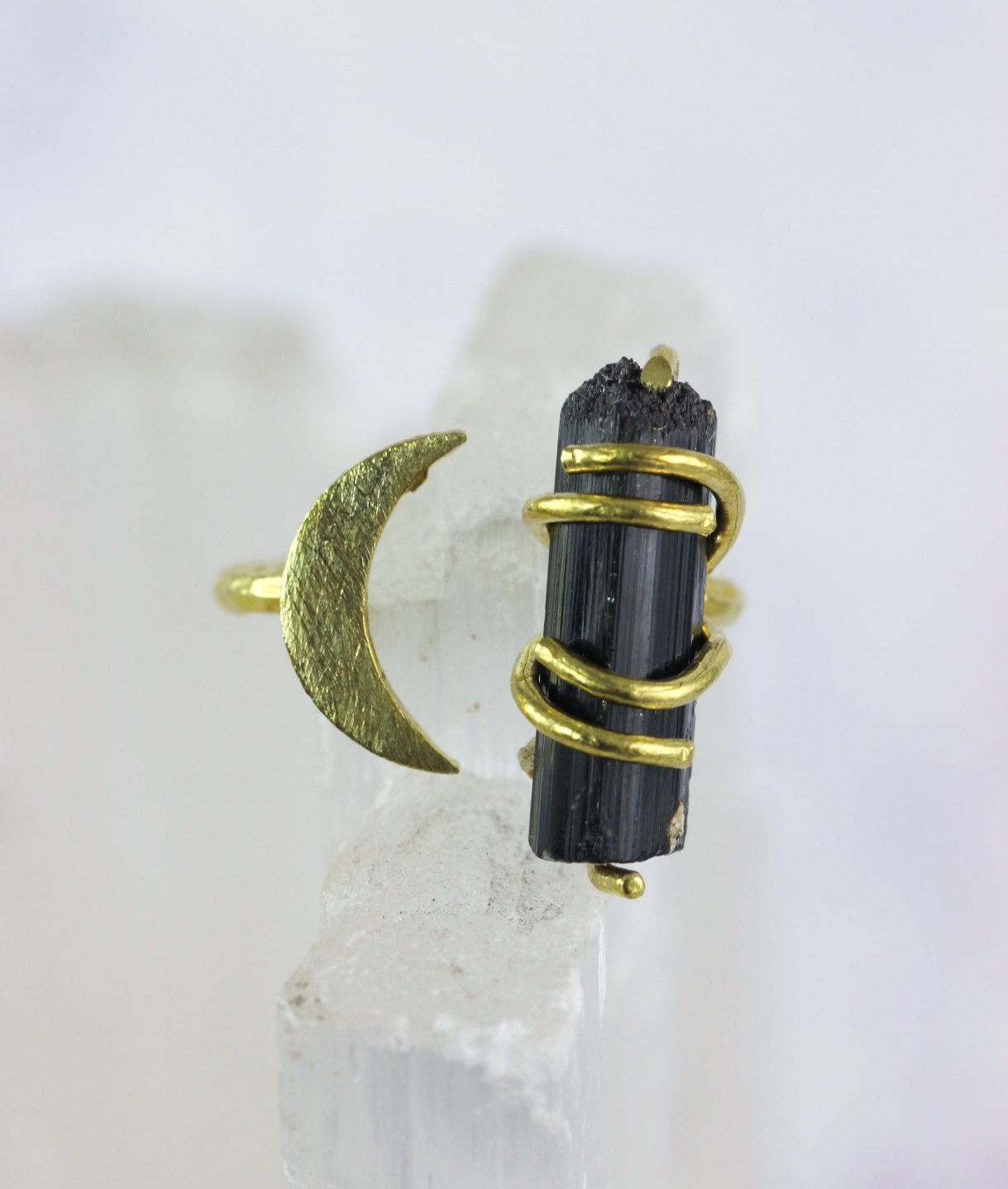 Black Tourmaline Crystal Moon Ring