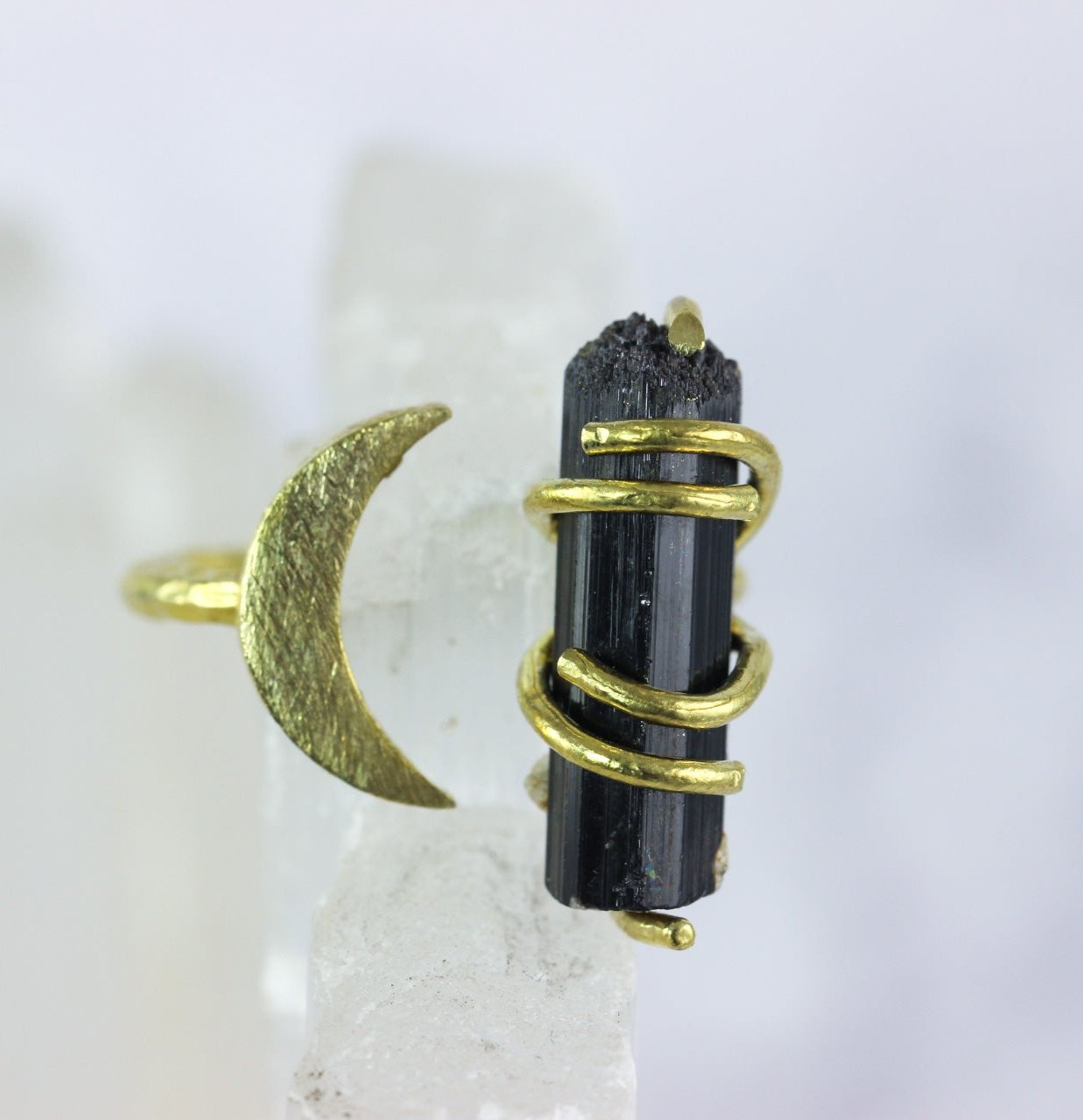 Black Tourmaline Crystal Moon Ring