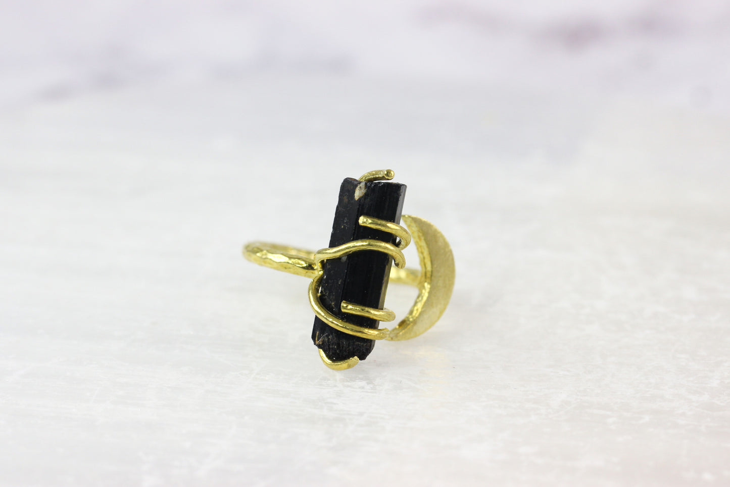 Black Tourmaline Crystal Moon Ring