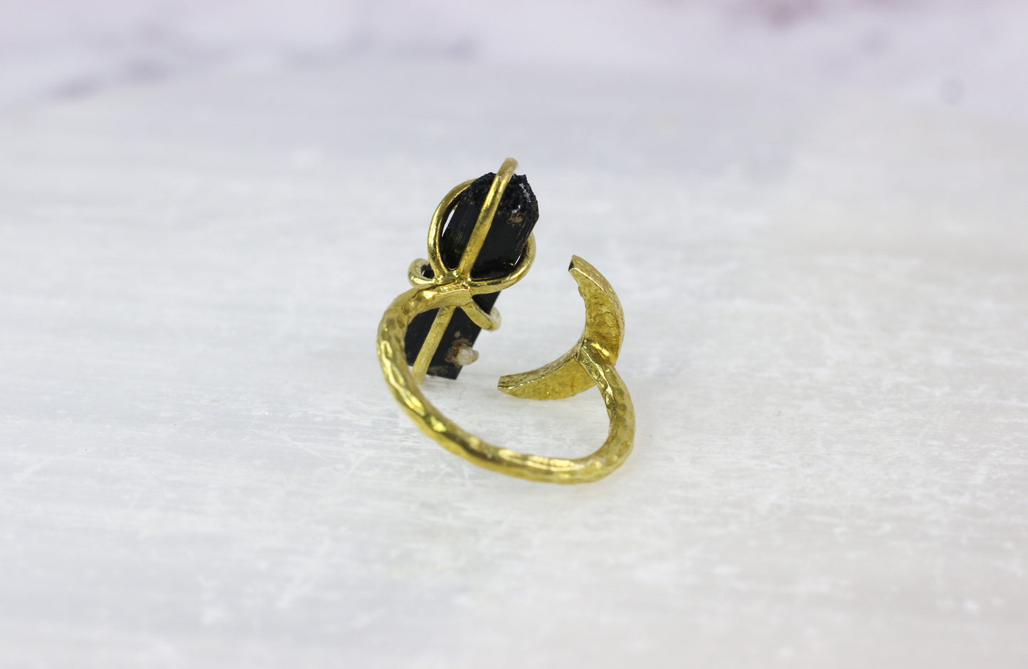 Black Tourmaline Crystal Moon Ring