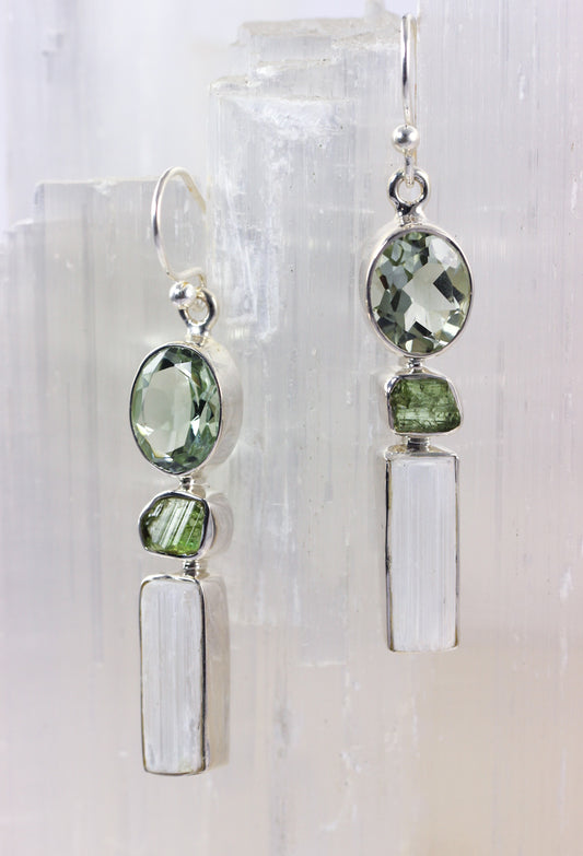 Selenite Tourmaline Prasiolite Earrings