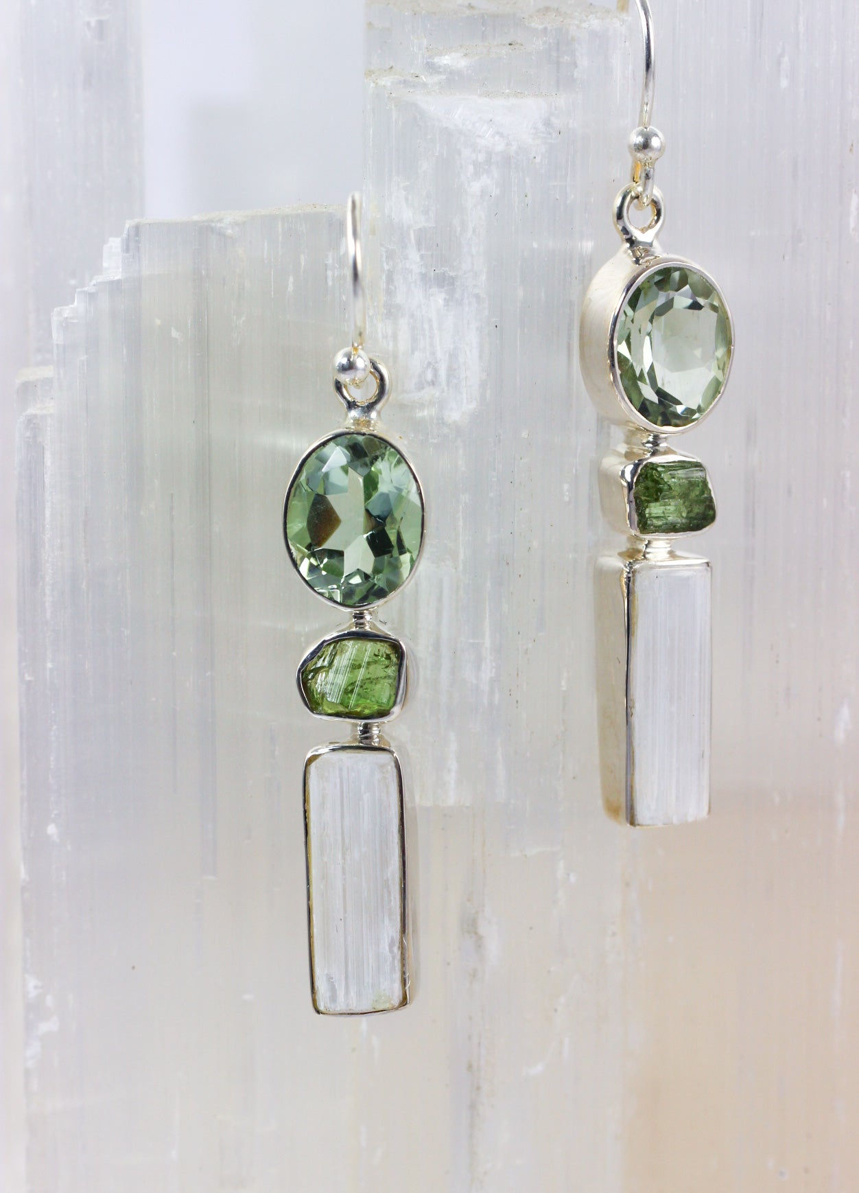 Selenite Tourmaline Prasiolite Earrings