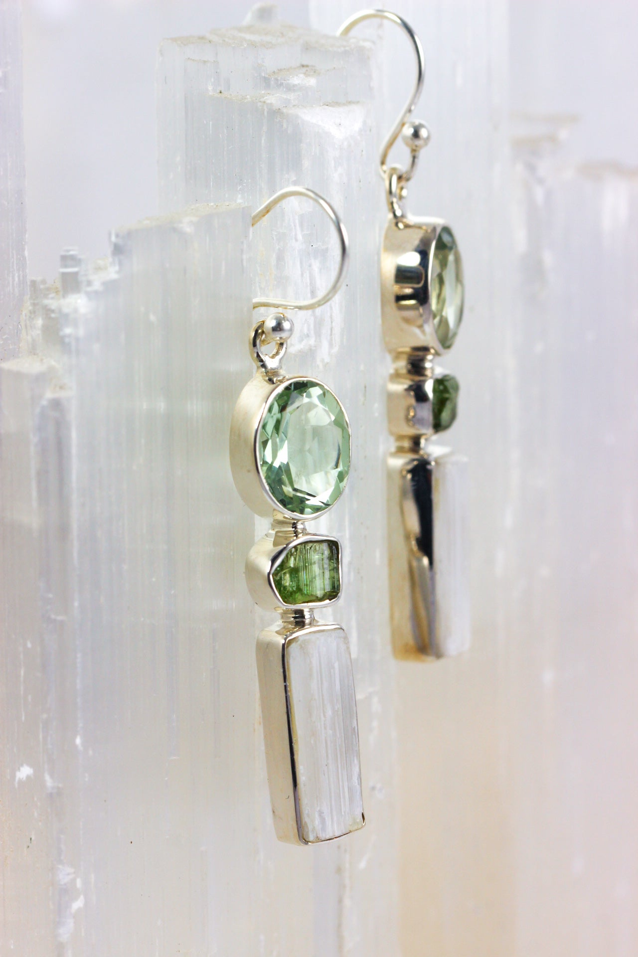 Selenite Tourmaline Prasiolite Earrings