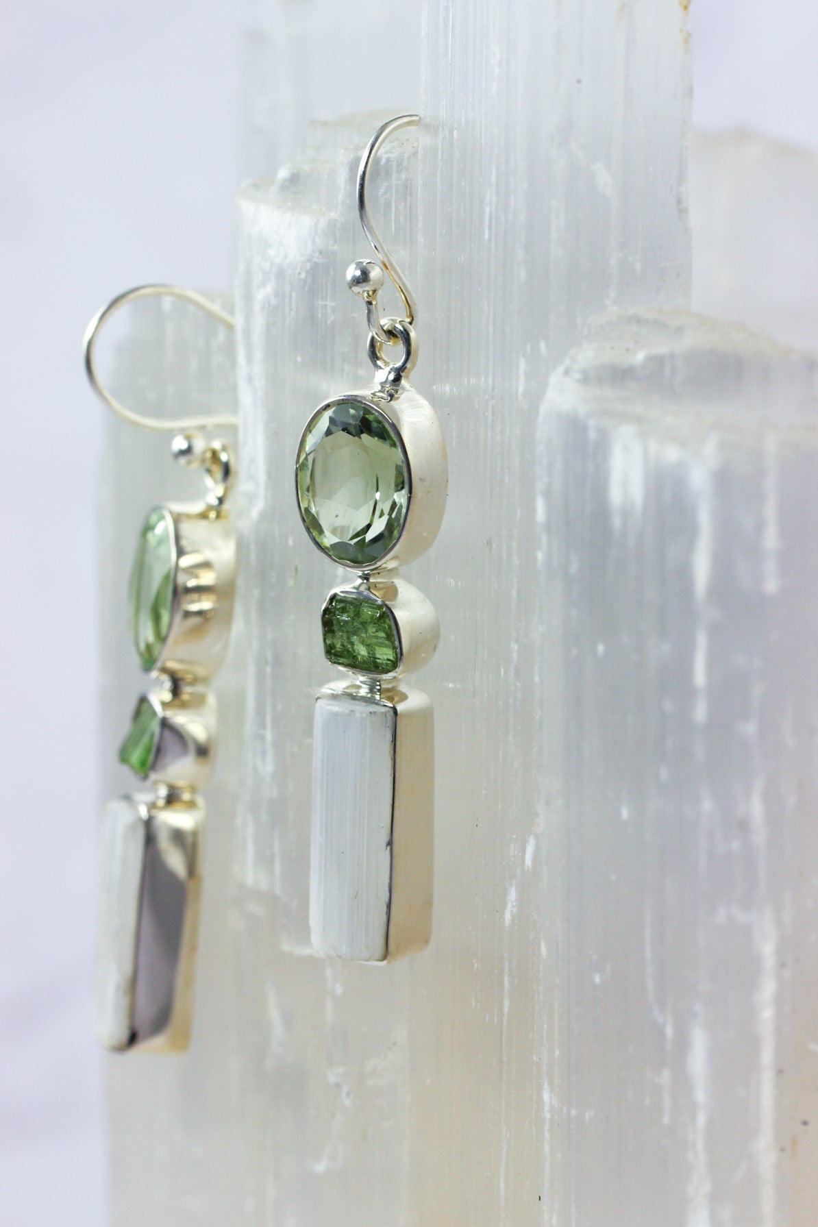 Selenite Tourmaline Prasiolite Earrings