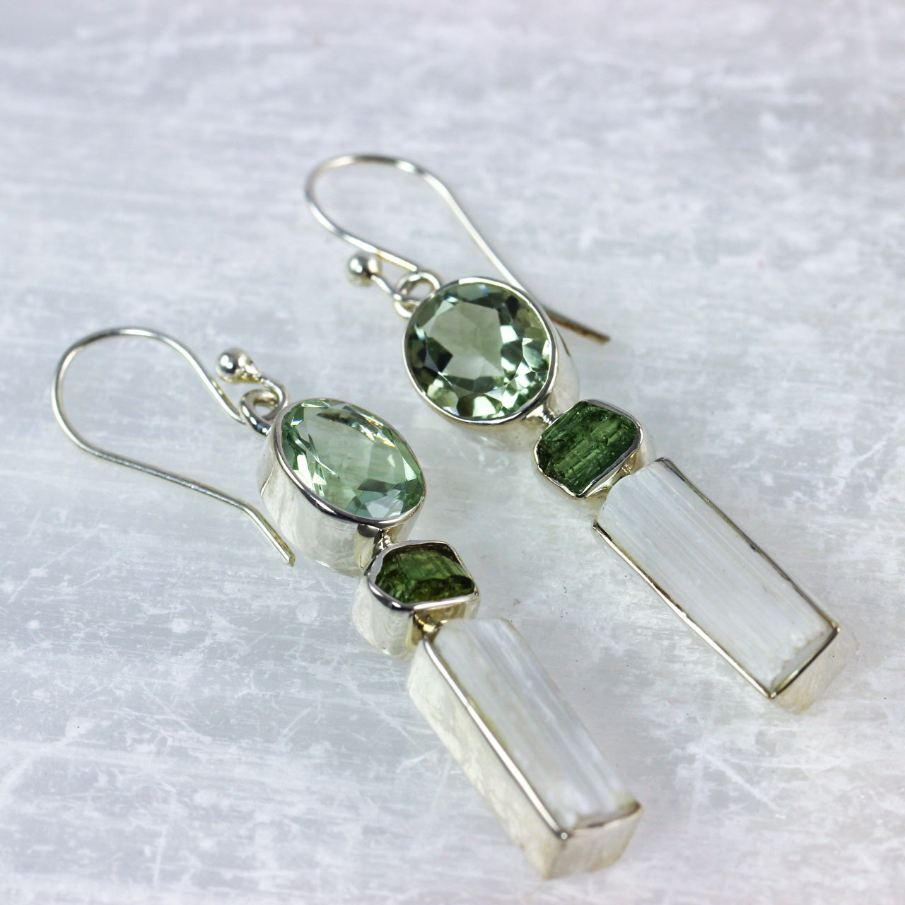 Selenite Tourmaline Prasiolite Earrings