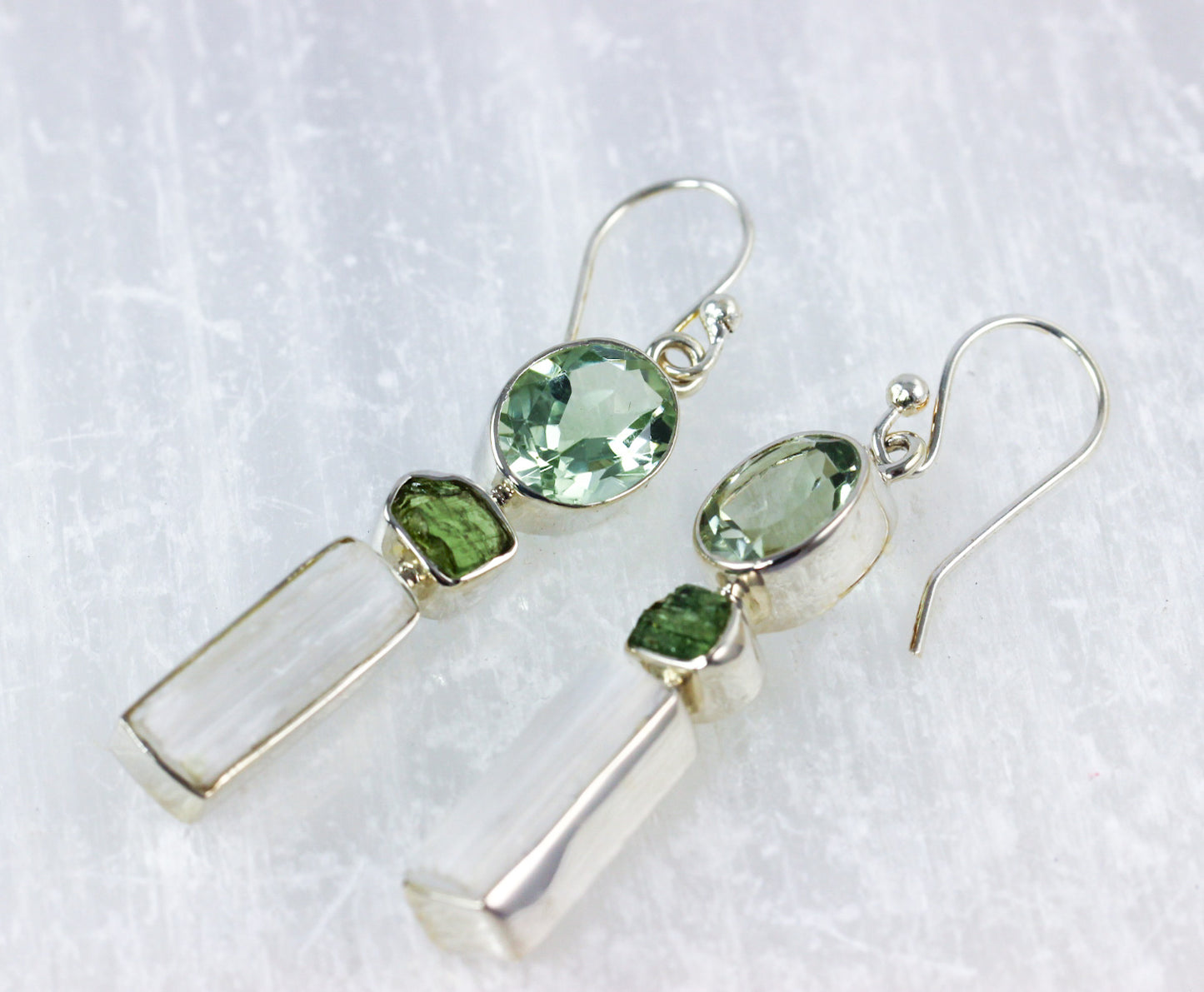 Selenite Tourmaline Prasiolite Earrings