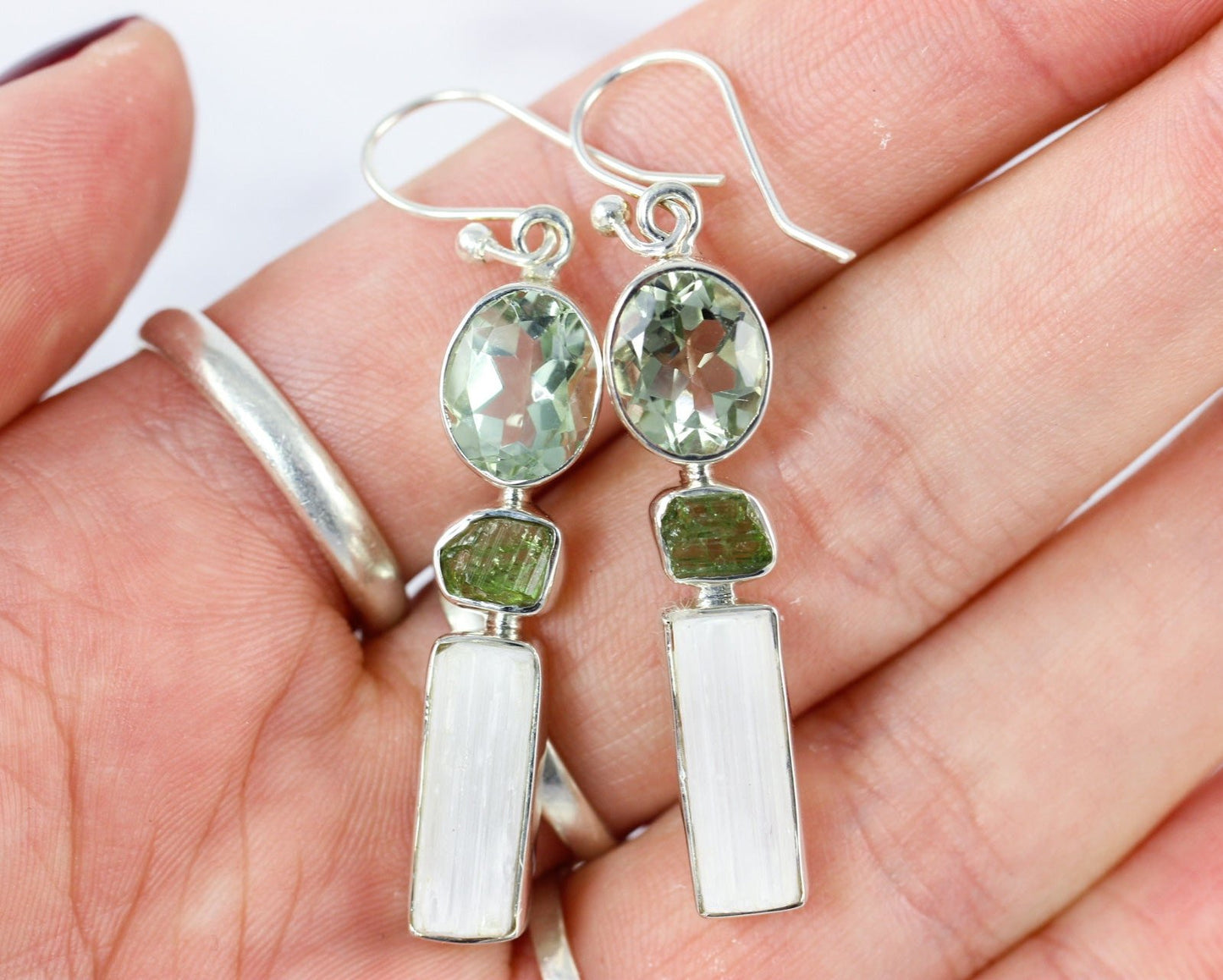 Selenite Tourmaline Prasiolite Earrings