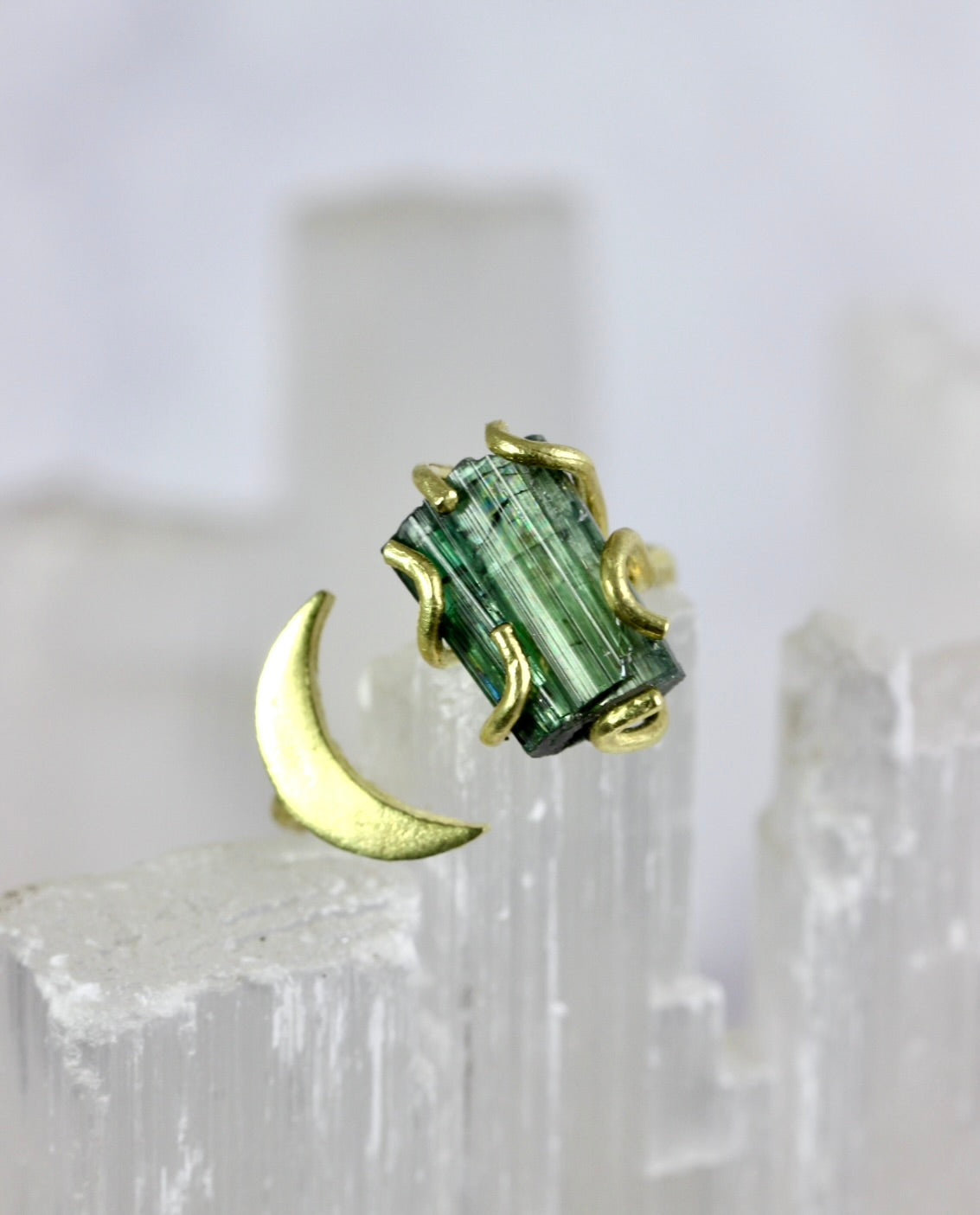 Green Tourmaline Crystal Moon Ring