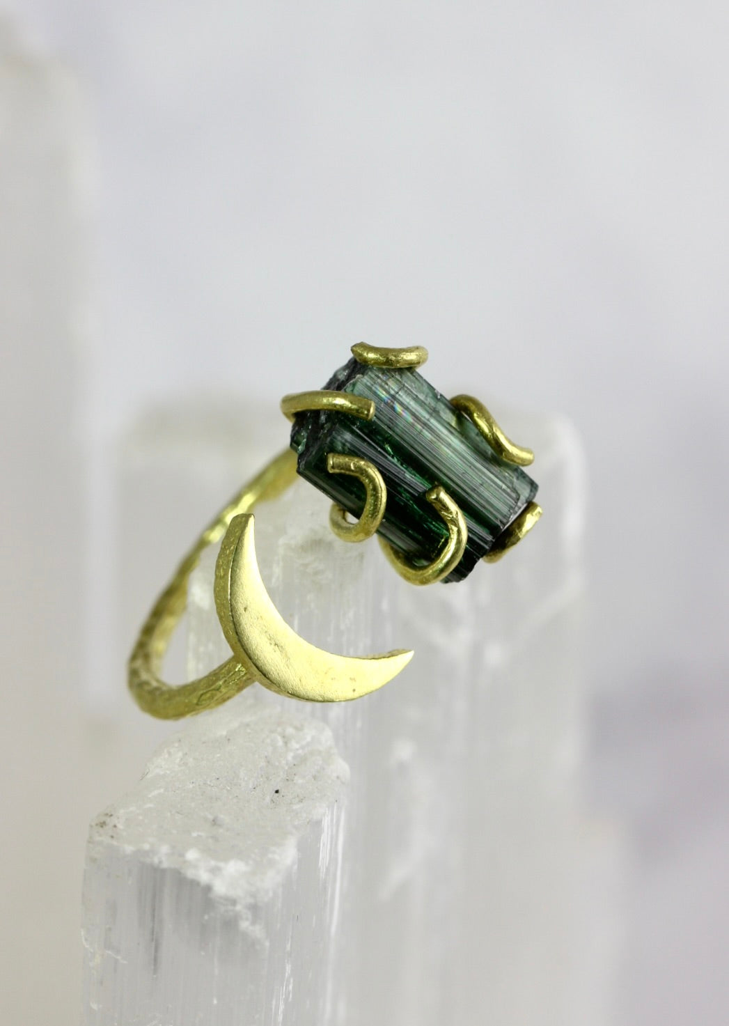 Green Tourmaline Crystal Moon Ring