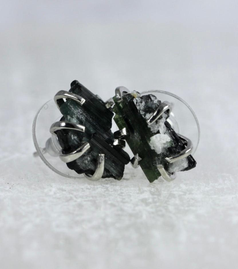 Green Tourmaline Raw Crystal Studs