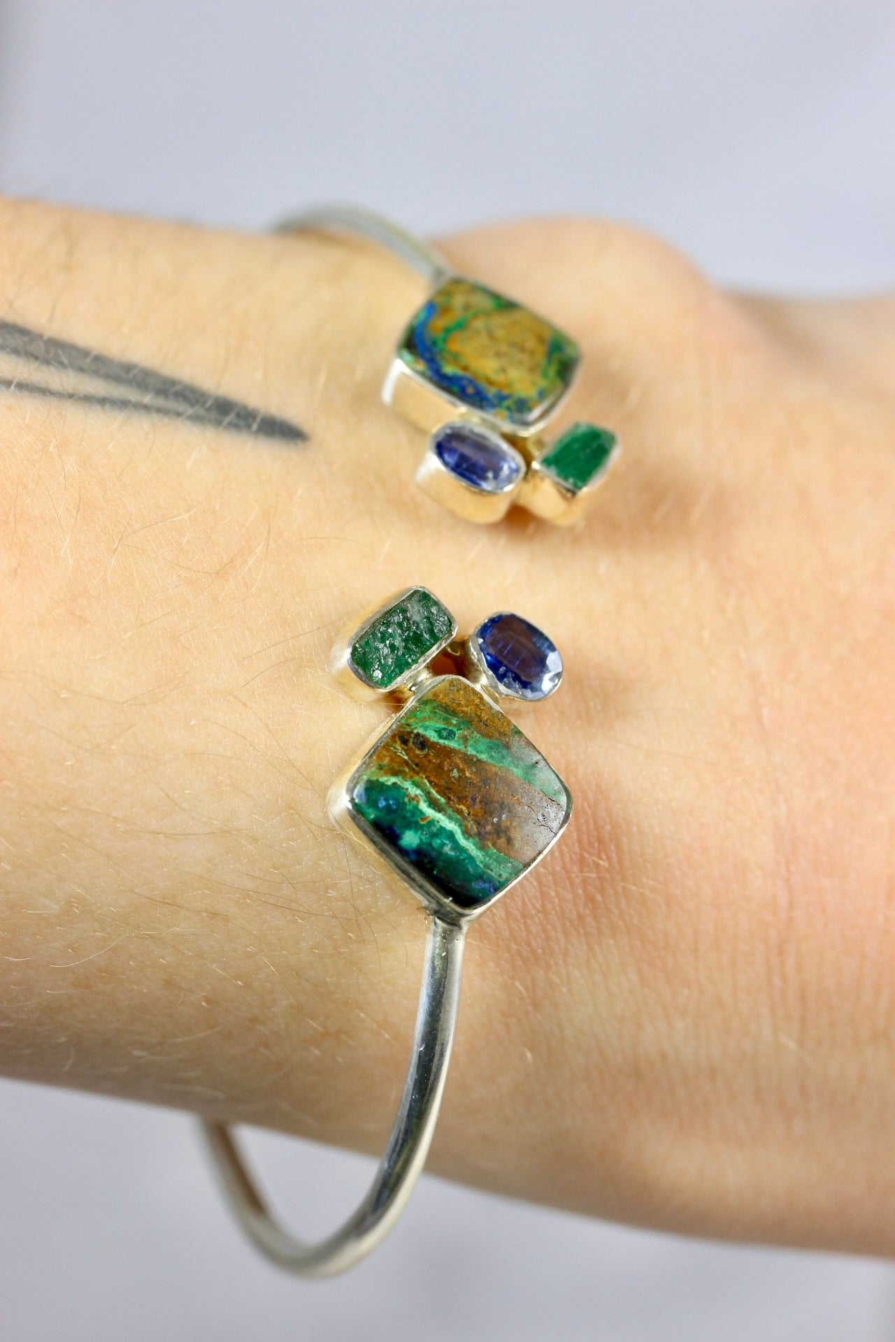 Azurite Malachite Silver Flex Bracelet with Emerald and Kyanite