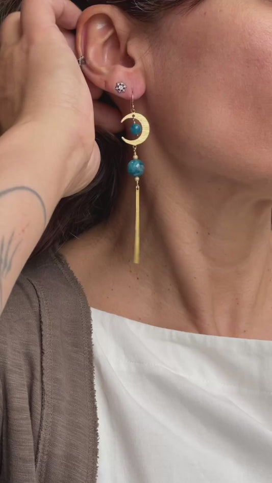 Brass Moon Apatite Long Drop Earrings