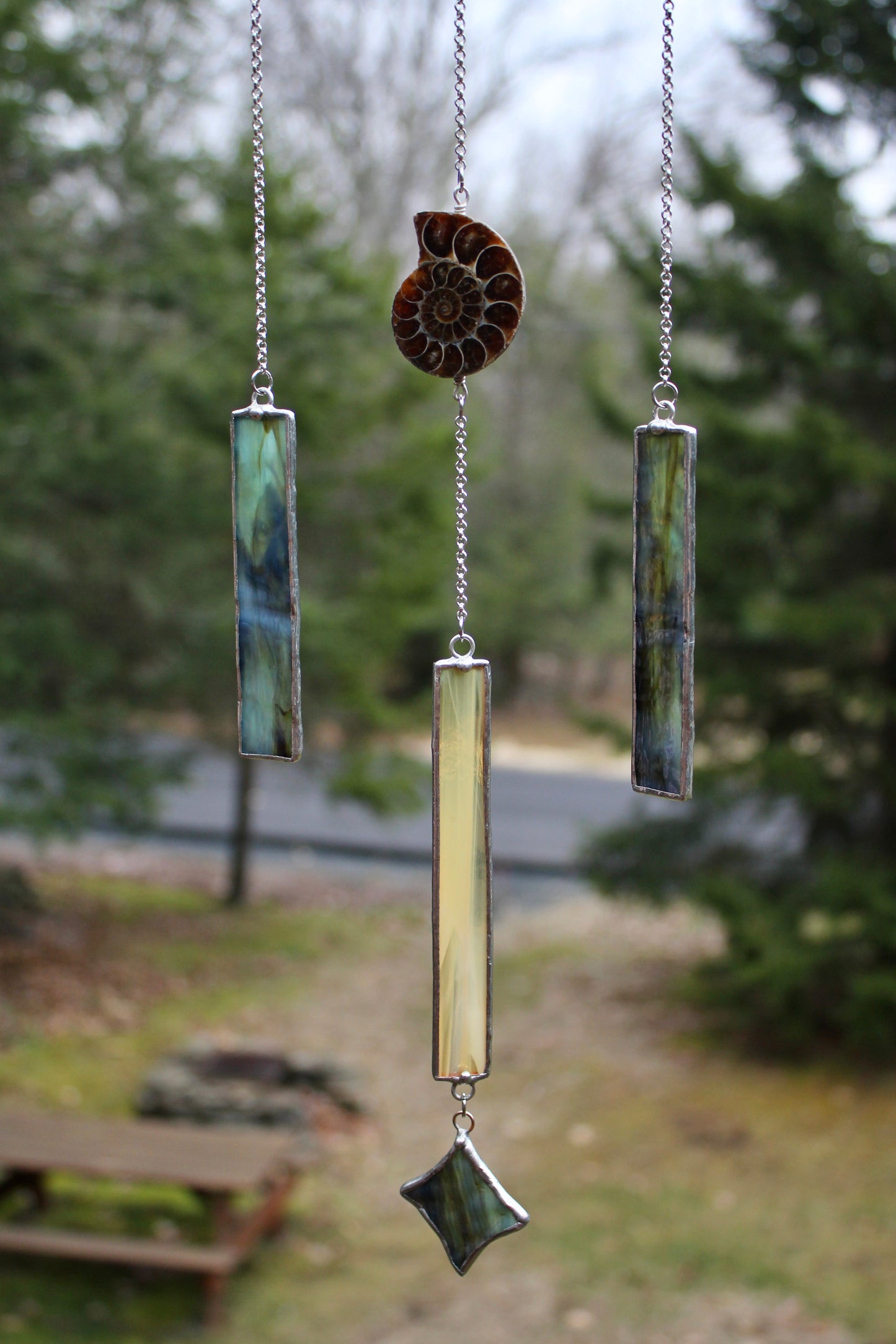Drift Wood Stained Glass Mobile with Ammonite