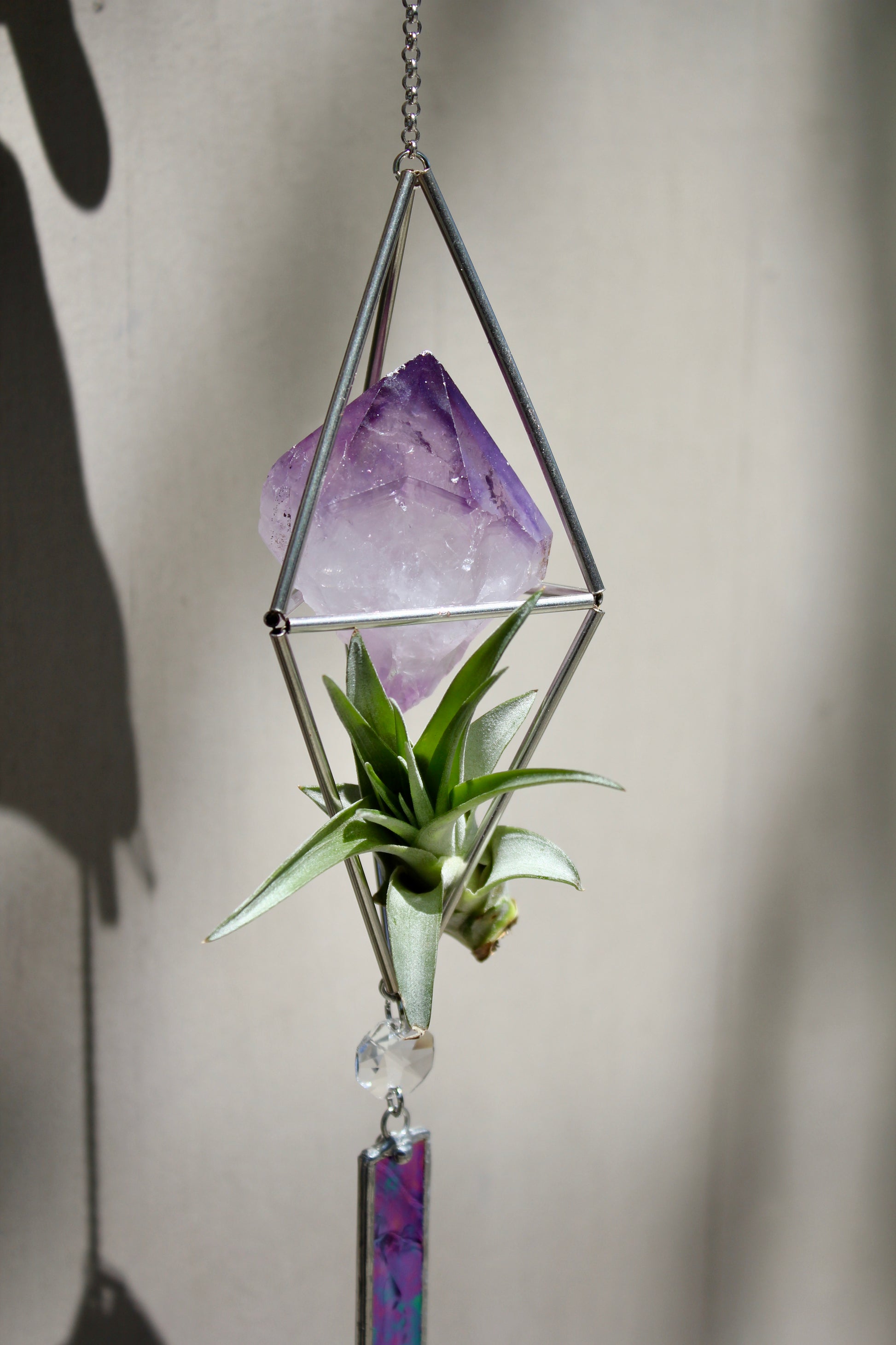 amethyst crystal air plant Amethyst Crystal Stained Glass Sun Catcher with Air Plant – Annick Designs