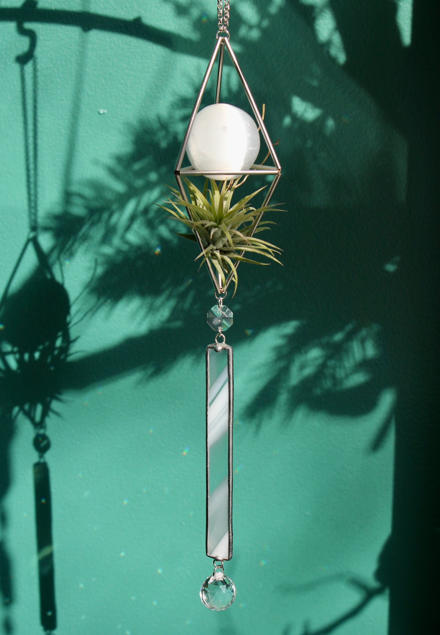 Selenite Sphere Stained Glass Sun Catcher with Air Plant