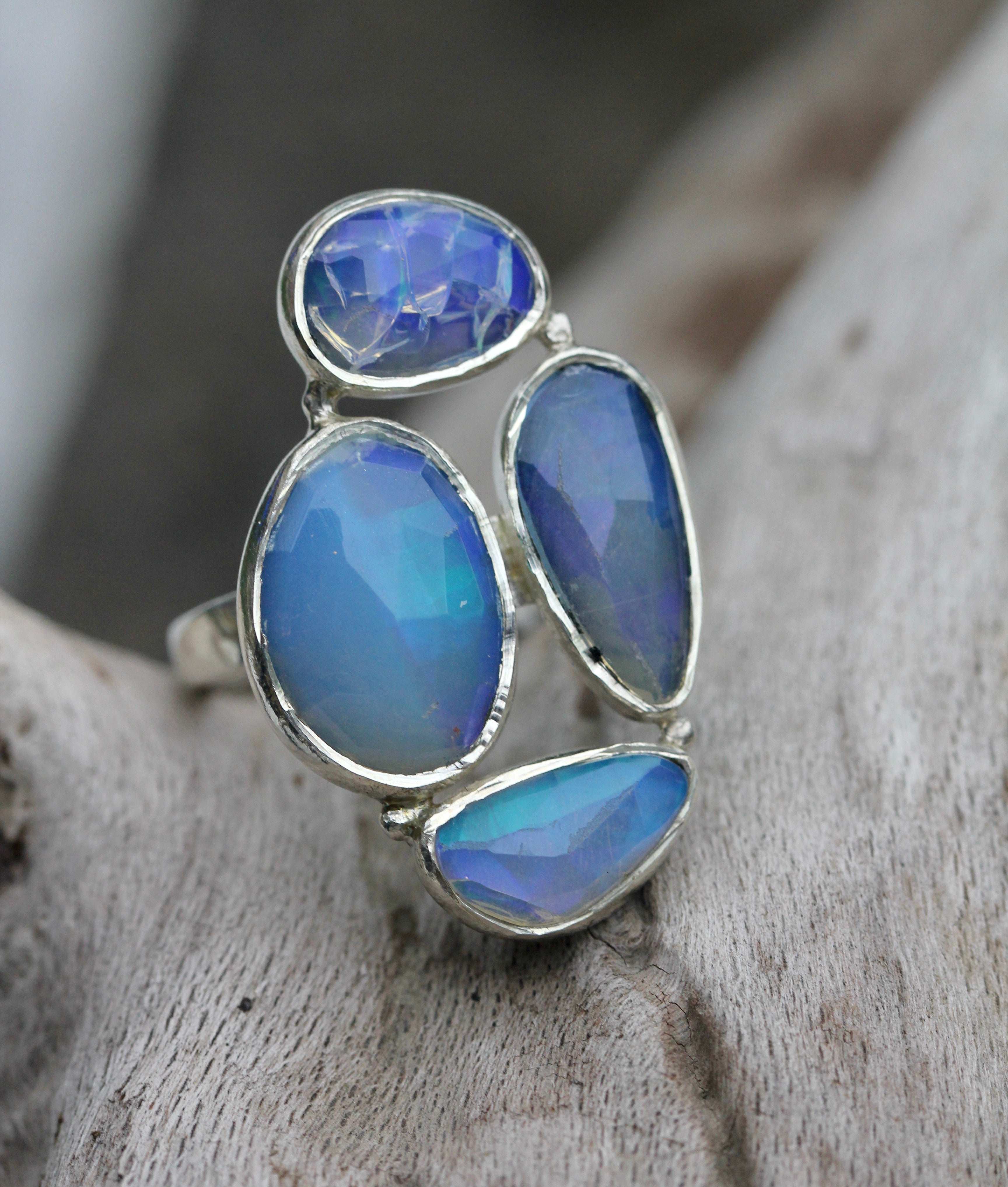 White Opal With Fire Sterling Silver Ring (Design AO28) | GemPundit