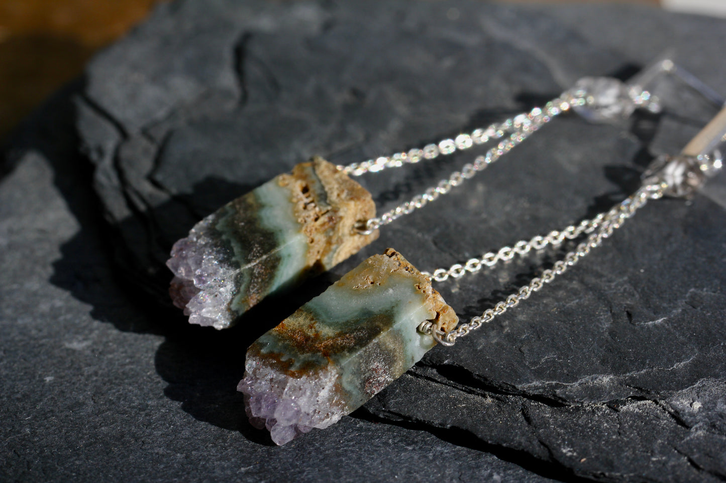 Amethyst slice Chain Drop Earrings