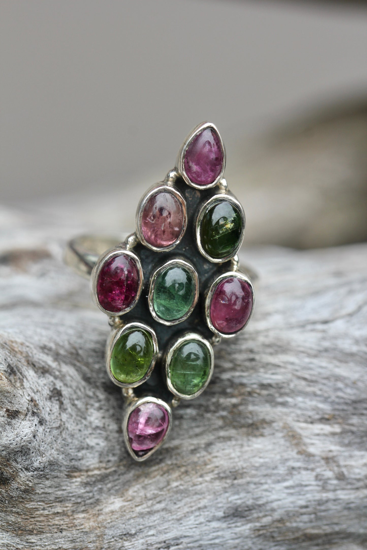 Pink and Green Tourmaline Diamond Cluster Ring