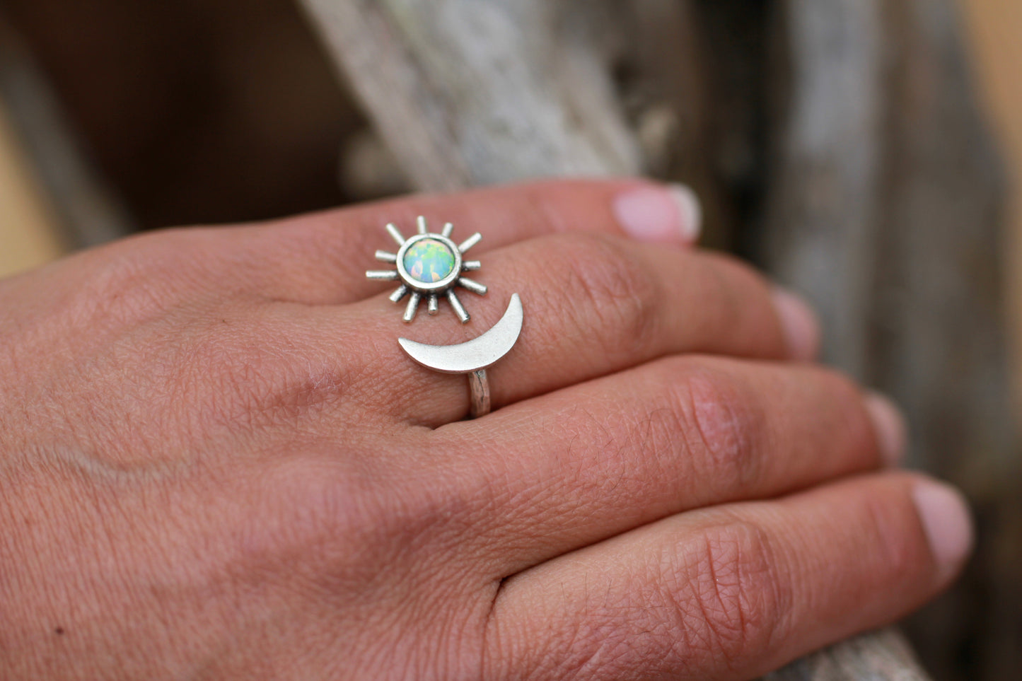 Opal Moon and Sun Brass Ring