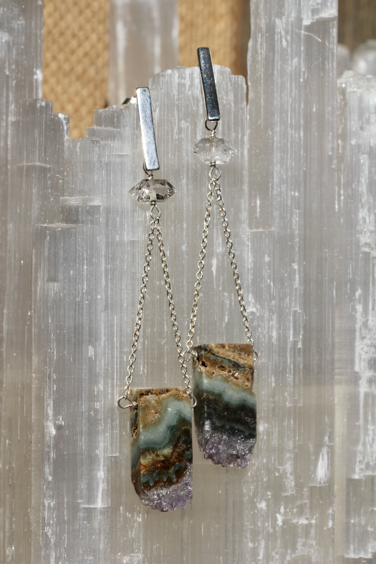 Amethyst slice Chain Drop Earrings