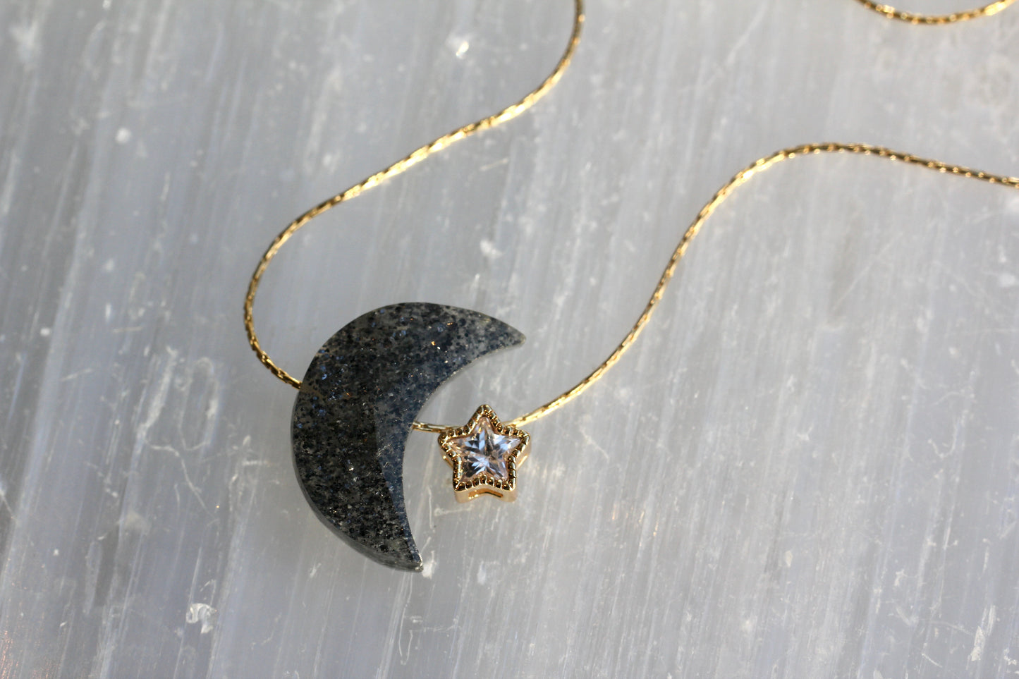 Black Sunstone Moon Star Necklace