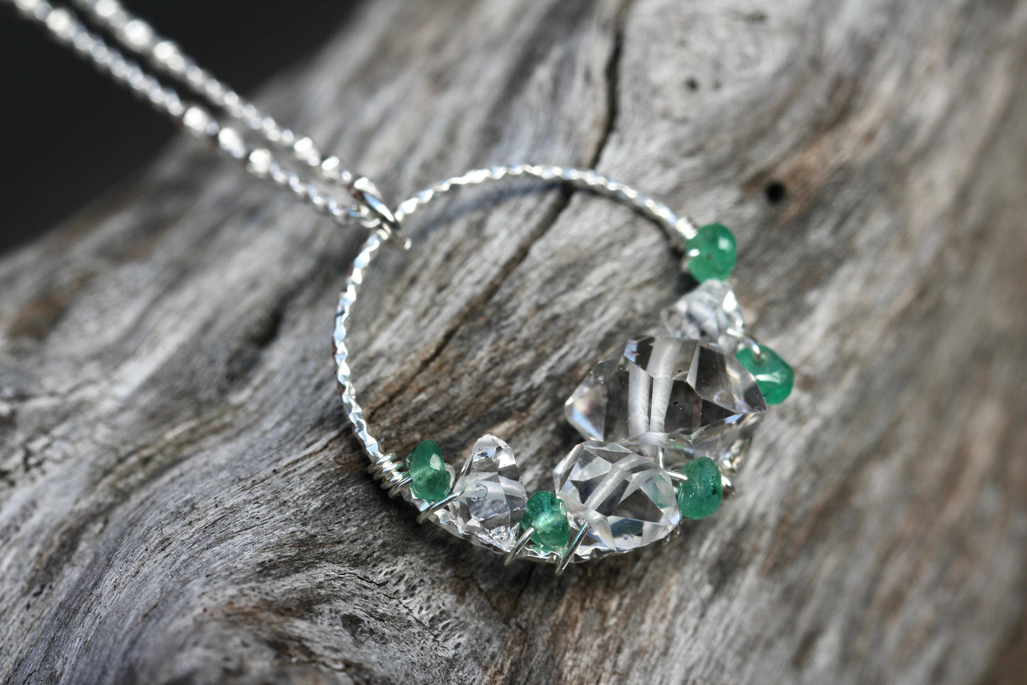 Emerald Quartz Crystal Silver Wreath Necklace