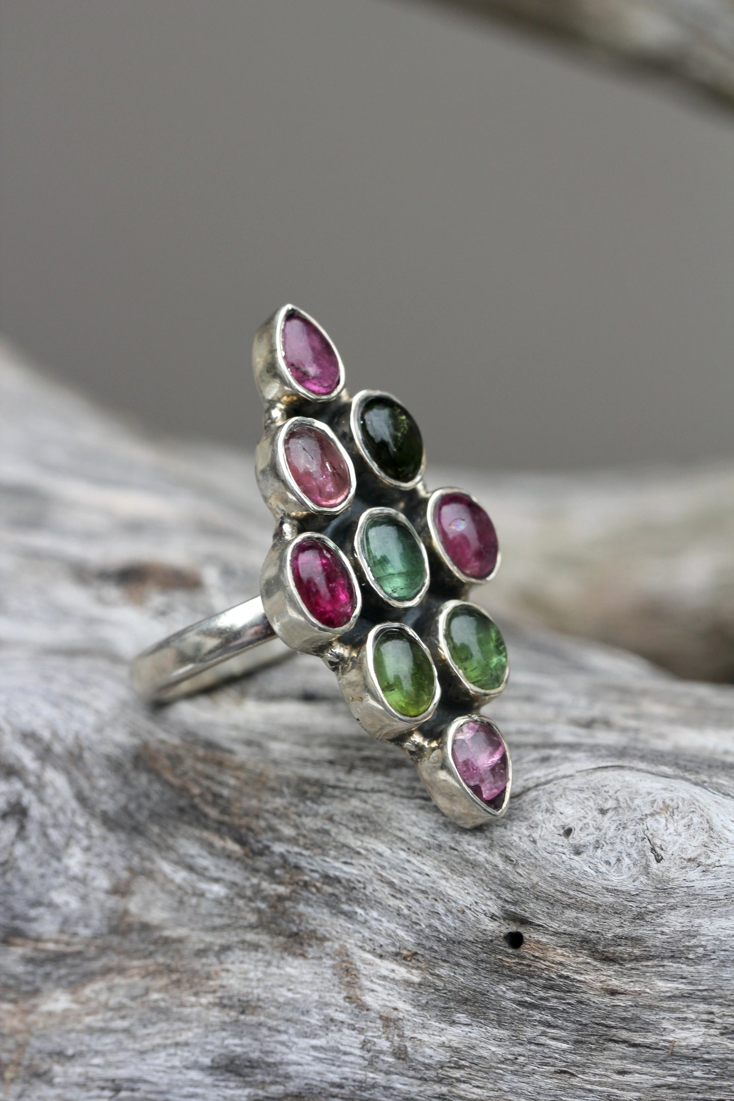 Pink and Green Tourmaline Diamond Cluster Ring
