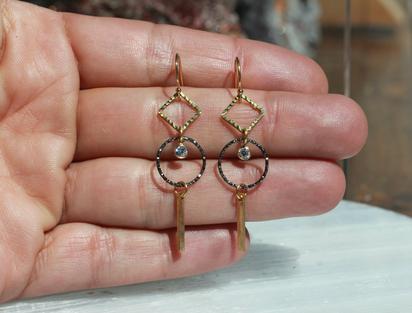 Black and Gold Geometric Earrings with Cubic Zirconia