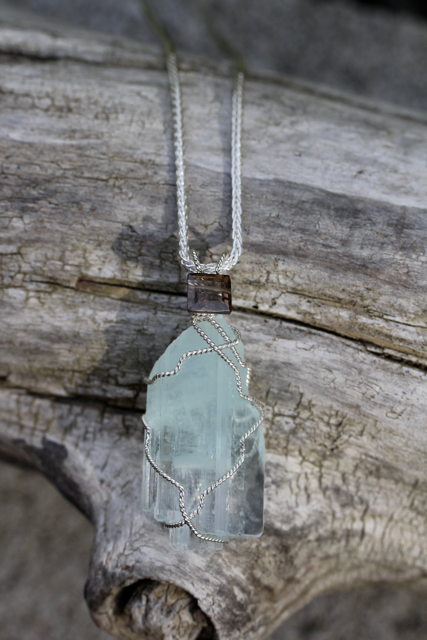 Aquamarine Crystal Pendant with Smokey Quartz