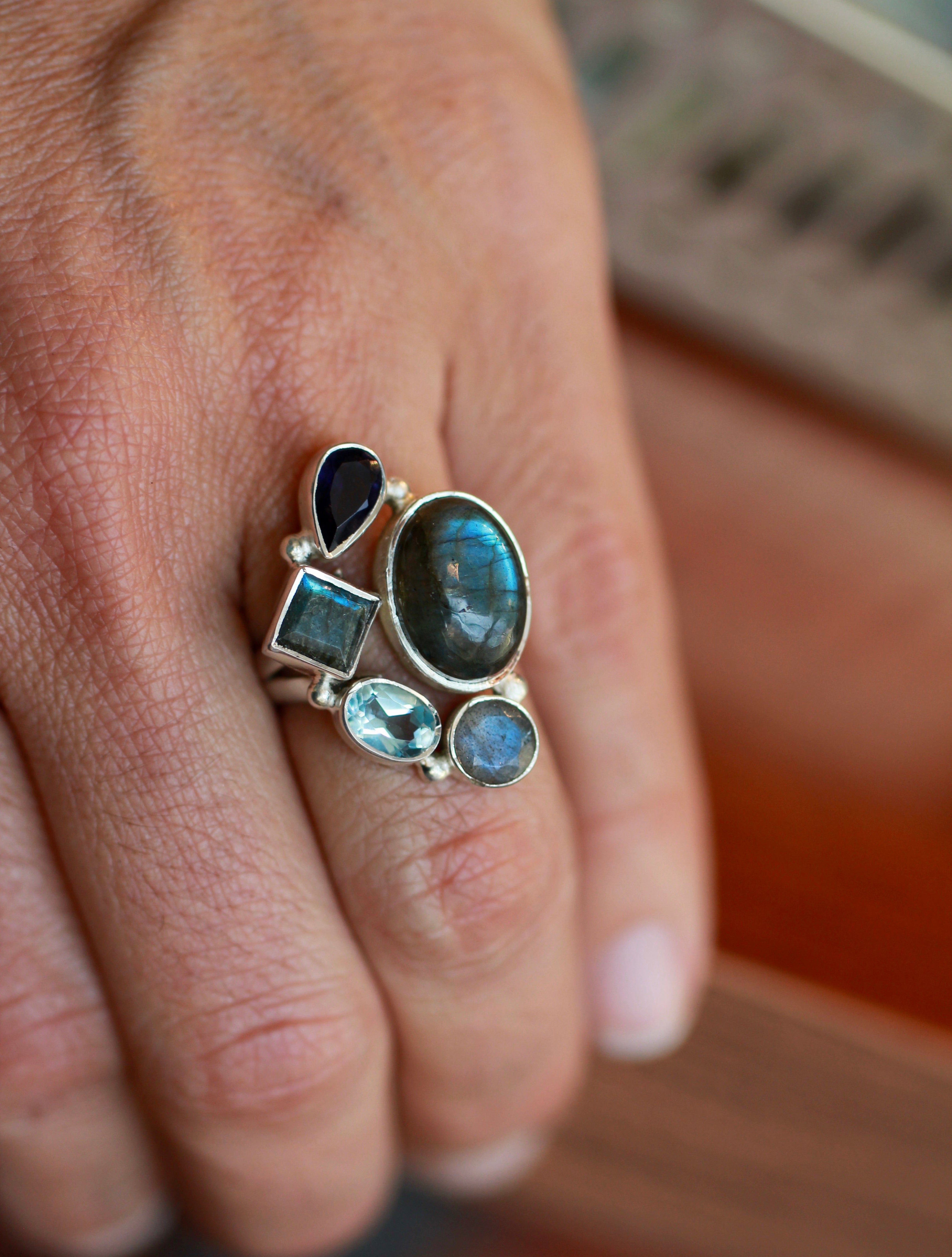 Labradorite Blue Topaz Iolite Statement Ring