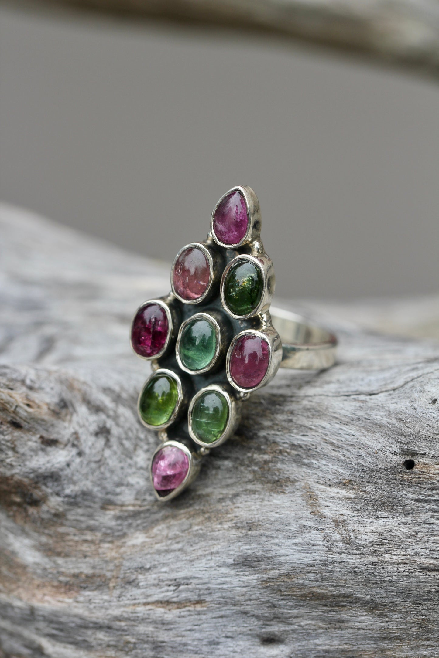 Pink and Green Tourmaline Diamond Cluster Ring