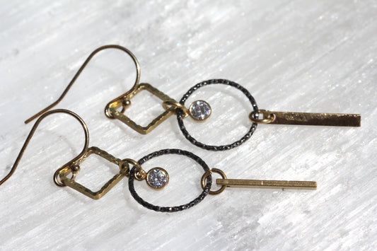 Black and Gold Geometric Earrings with Cubic Zirconia