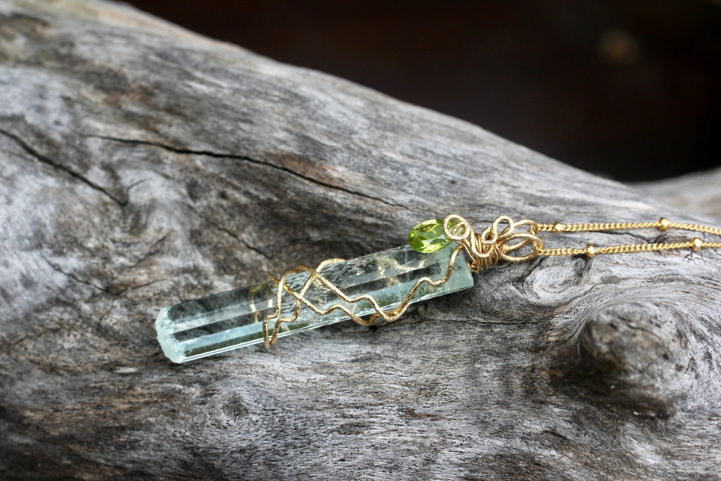 Aquamarine Crystal with Peridot Gold Necklace