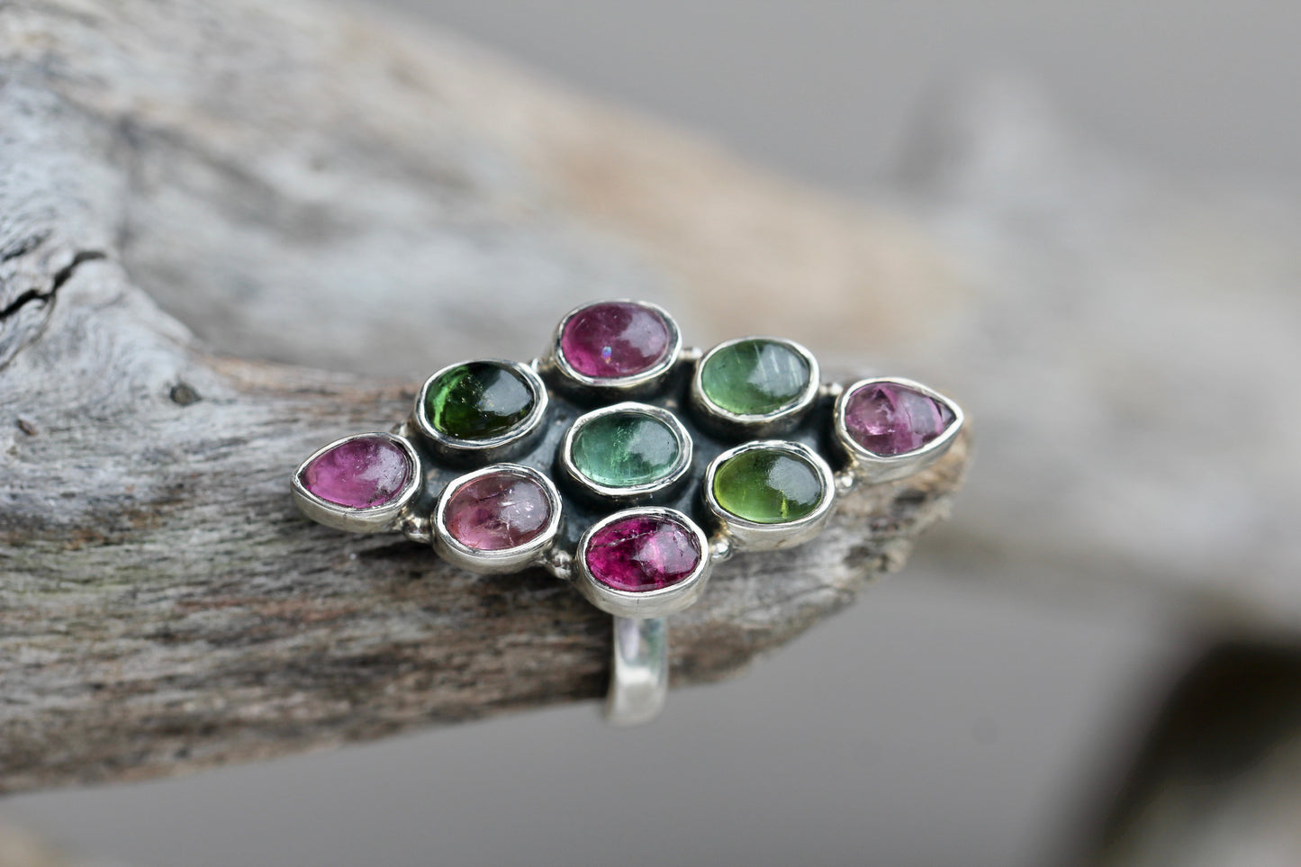Pink and Green Tourmaline Diamond Cluster Ring