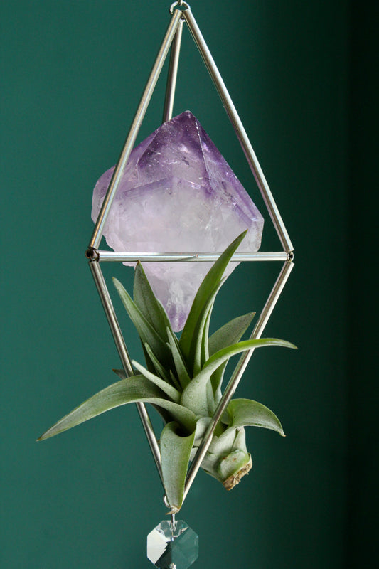 Amethyst Crystal Stained Glass Sun Catcher with Air Plant