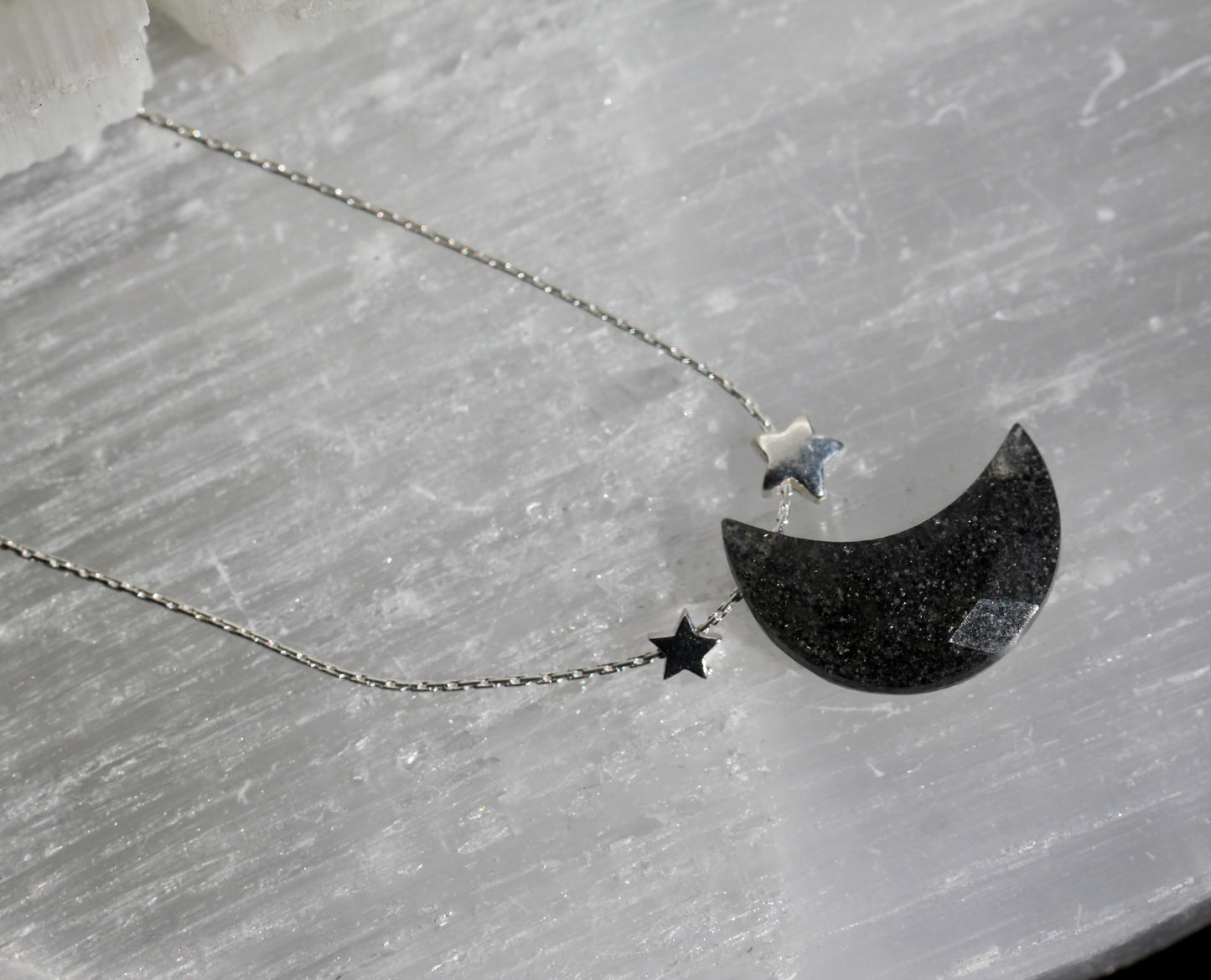 Black Sunstone Silver Moon Star Necklace